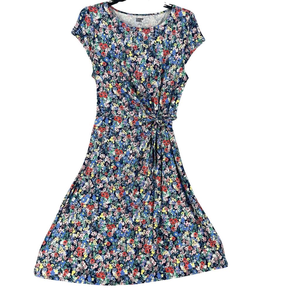 Lands End Dress Womens L Floral Tie Waist Colorful Soft Cotton Modal Stretch